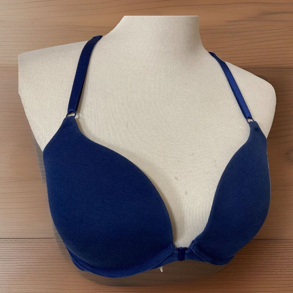 Victoria’s Secret Push Up Bra Blue Lace Cross Back RN# 54867 Front Closure 34D